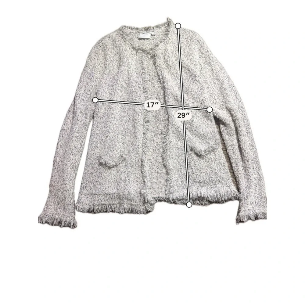 Ett Twa Anthropologie‎ Grey White Marled Fringe Open Front Knit Cardigan Medium
